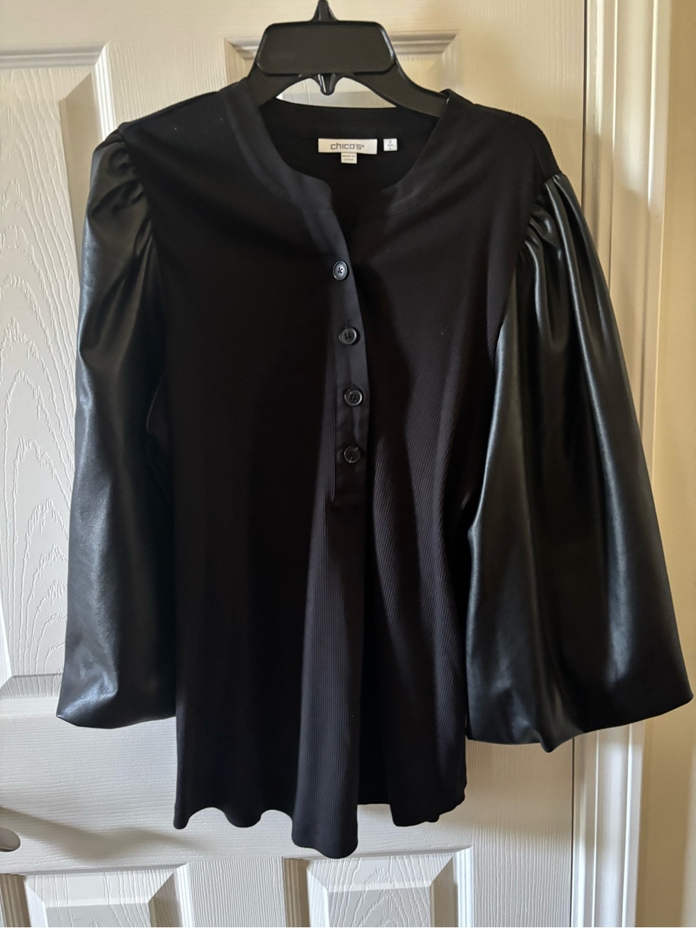Chico's Black Top with Faux-Leather Puff Sleeves